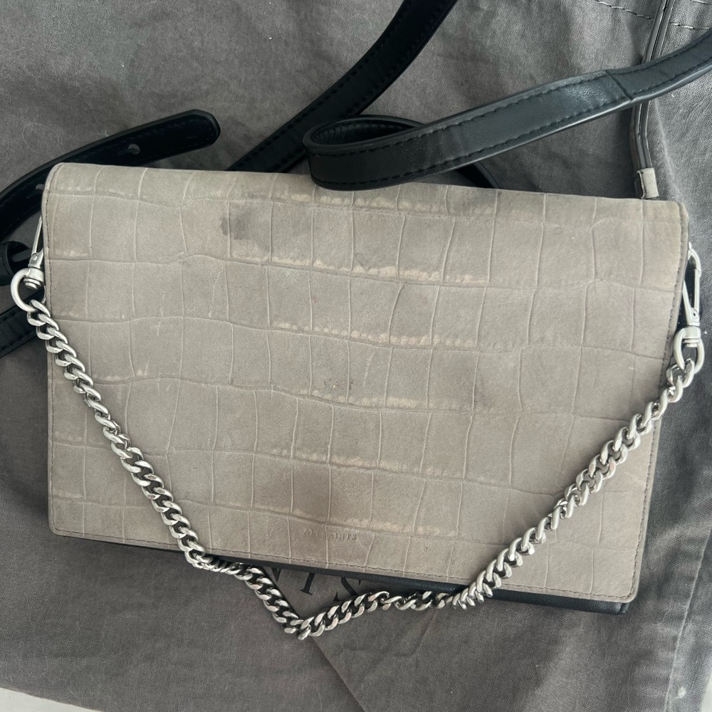 All Saints - Fetch Suede Chain Crossbody Wallet in Grey